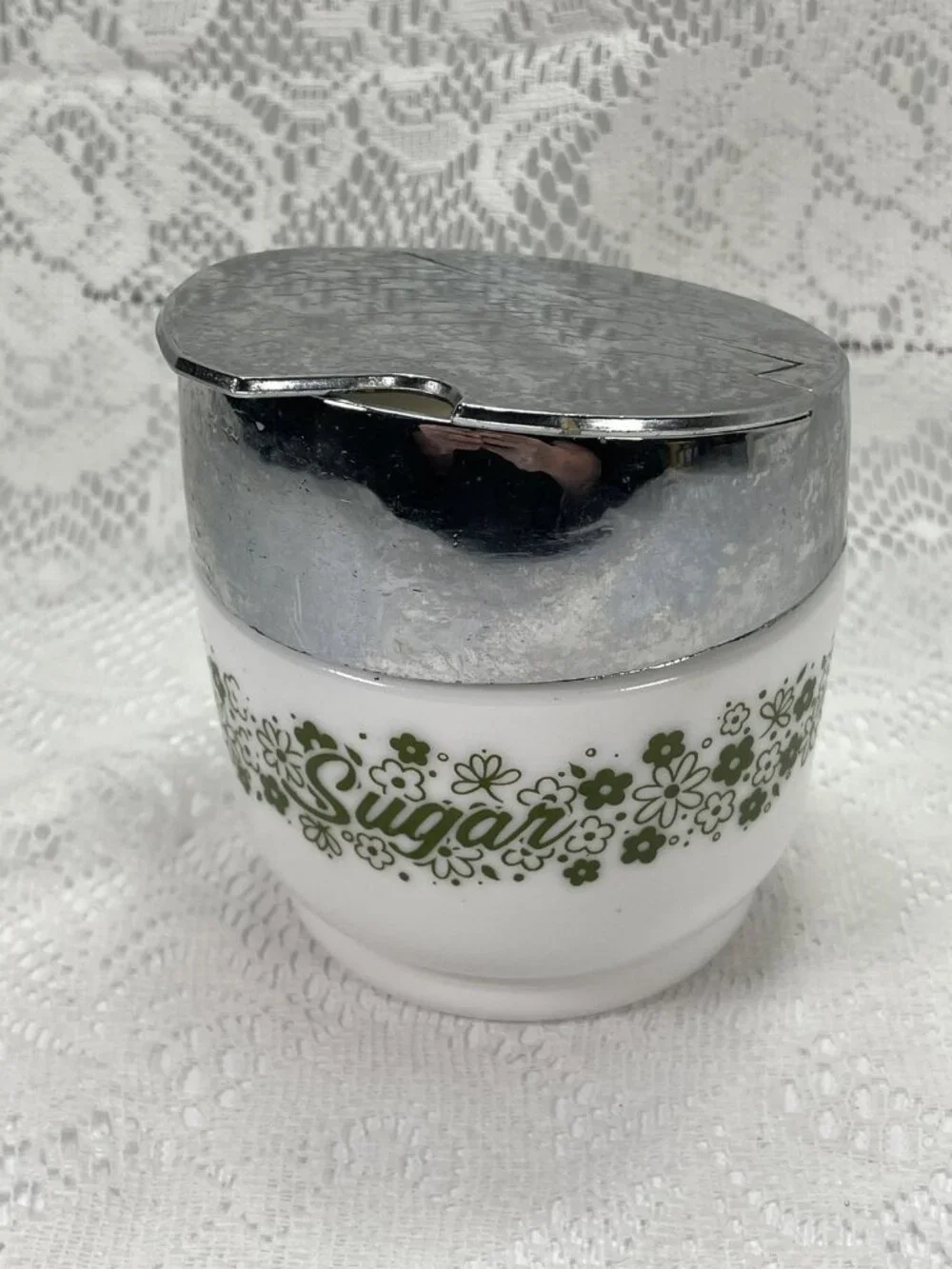 Pyrex Gemco Sugar Bowl Milk Glass Spring Blossom Green Crazy Daisy Chrome Lid